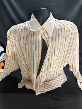 Men's White Button-Up Shirt with Yellow Stripe-Koman sport-size L-#565